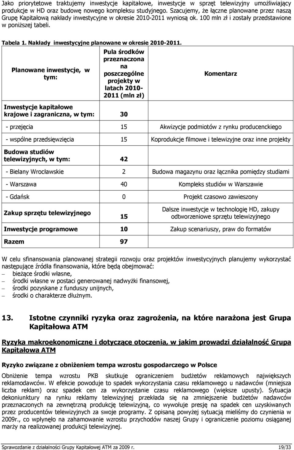 Nakłady inwestycyjne planowane w okresie 2010-2011.