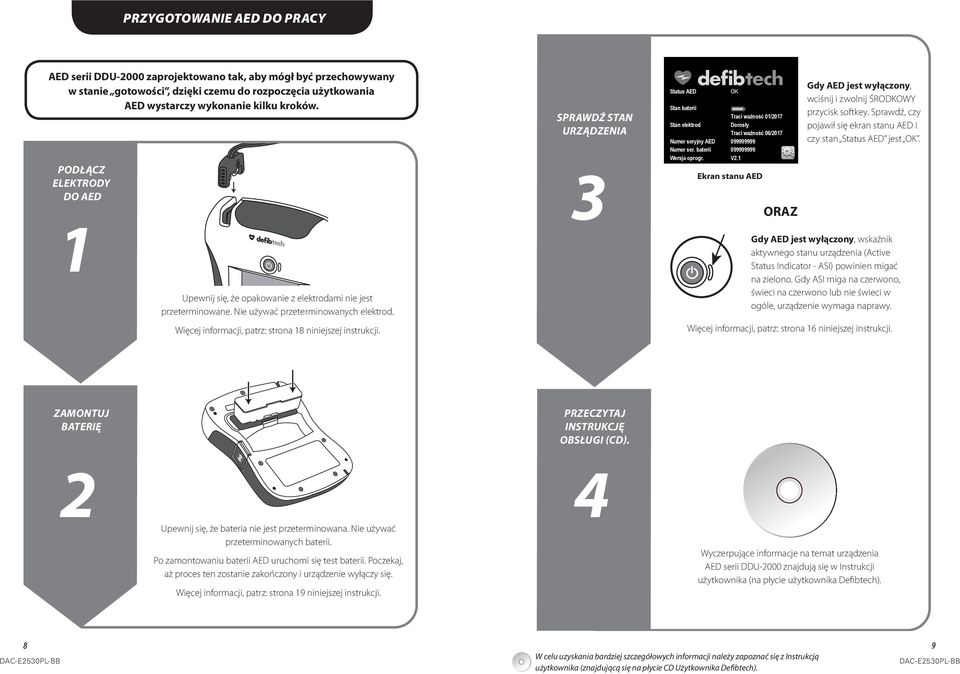 SPRAWDŹ STAN URZĄDZENIA 3 Status AED OK Stan baterii Traci ważność 01/2017 Stan elektrod Dorosły Traci ważność 06/2017 Numer seryjny AED 099999999 Numer ser. baterii 099999999 Wersja oprogr. V2.