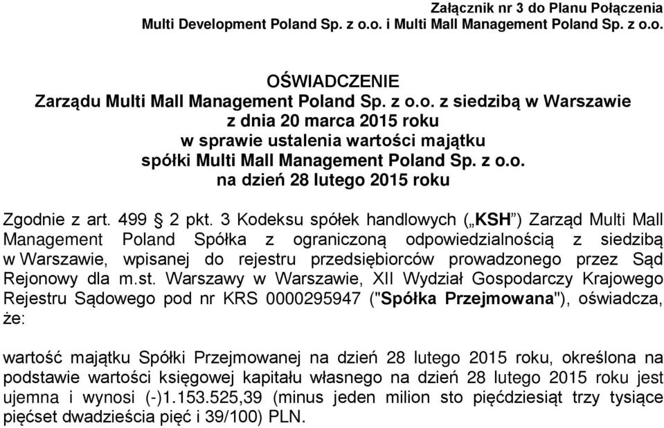 3 Kodeksu spółek handlowych ( KSH ) Zarząd Multi Mall Management Poland Spółka z ograniczoną odpowiedzialnością z siedzibą w Warszawie, wpisanej do rejestru przedsiębiorców prowadzonego przez Sąd