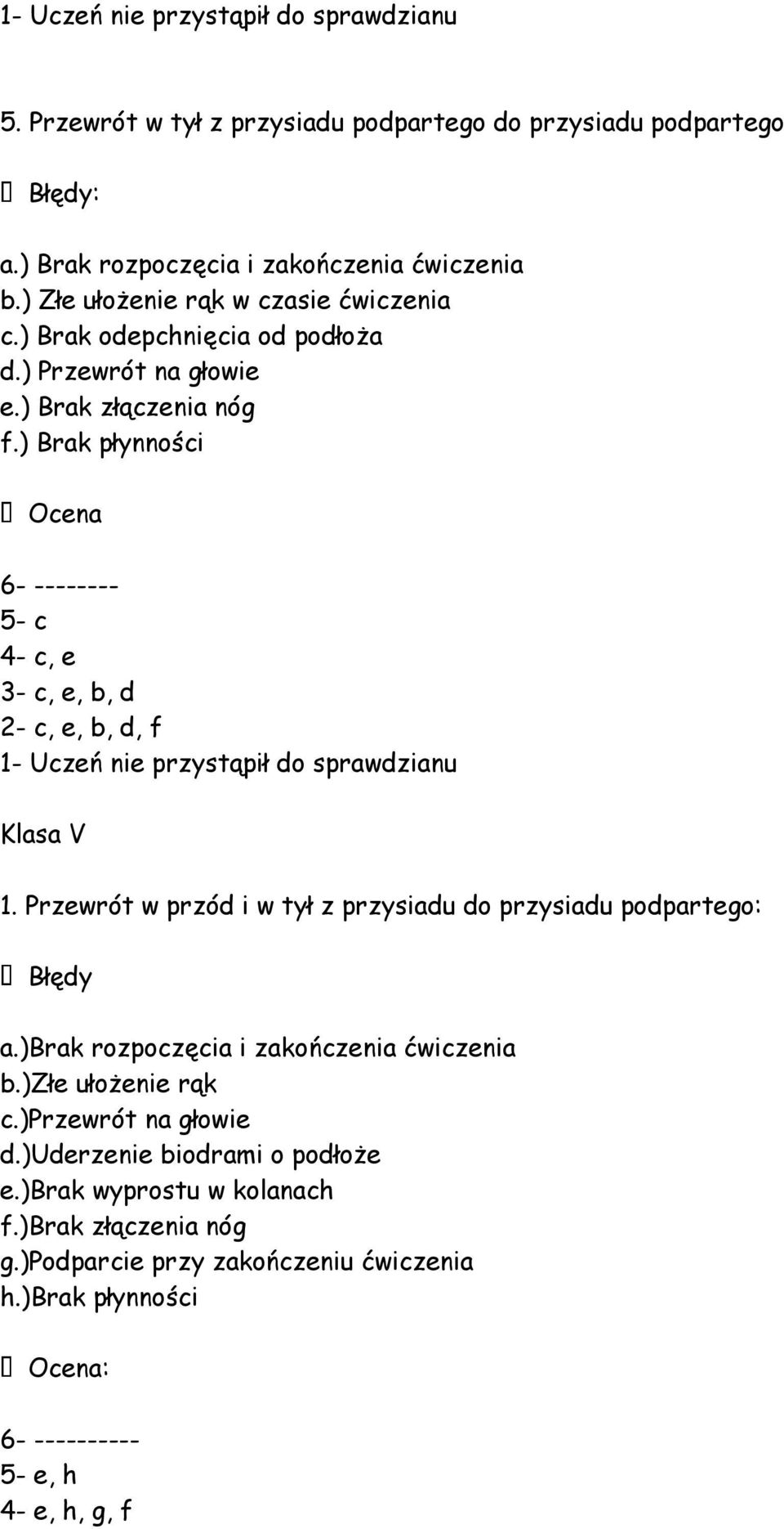 ) Brak płynności Ocena 6- -------- 5- c 4- c, e 3- c, e, b, d 2- c, e, b, d, f 1- Uczeń nie przystąpił do sprawdzianu Klasa V 1.