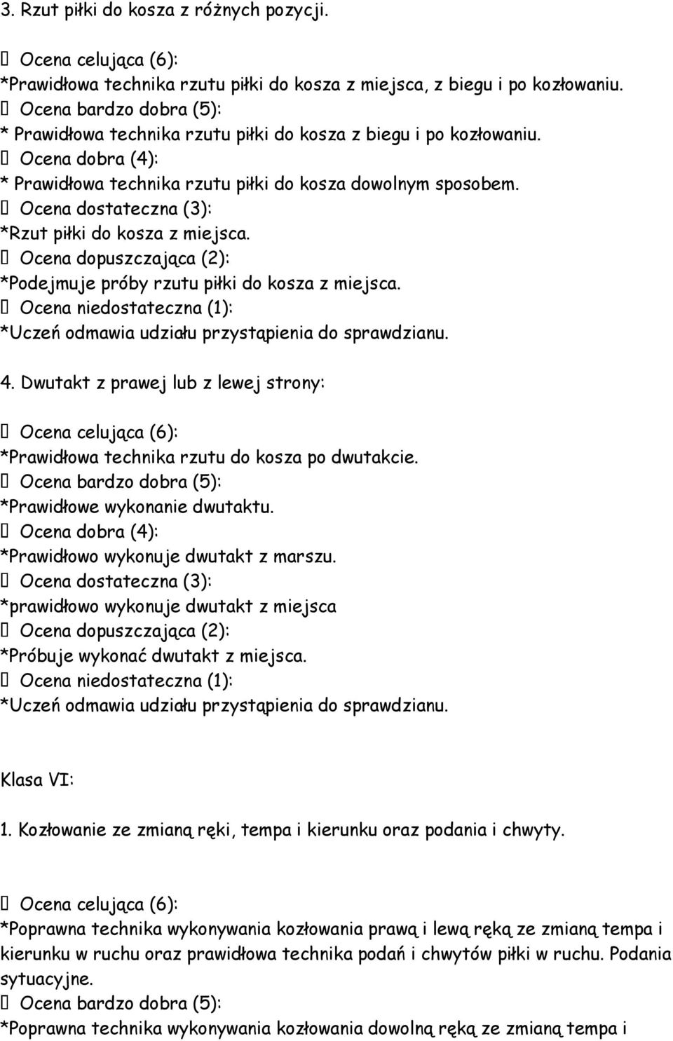 Ocena dostateczna (3): *Rzut piłki do kosza z miejsca. Ocena dopuszczająca (2): *Podejmuje próby rzutu piłki do kosza z miejsca.