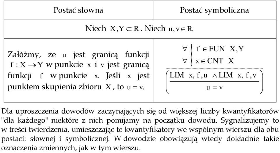 f FUN X, Y x CNT X LIM x, f, u LIM x, f, v u v Dla uproszczeia dowodów zaczyających się od większej liczby kwatyfikatorów "dla każdego" iektóre