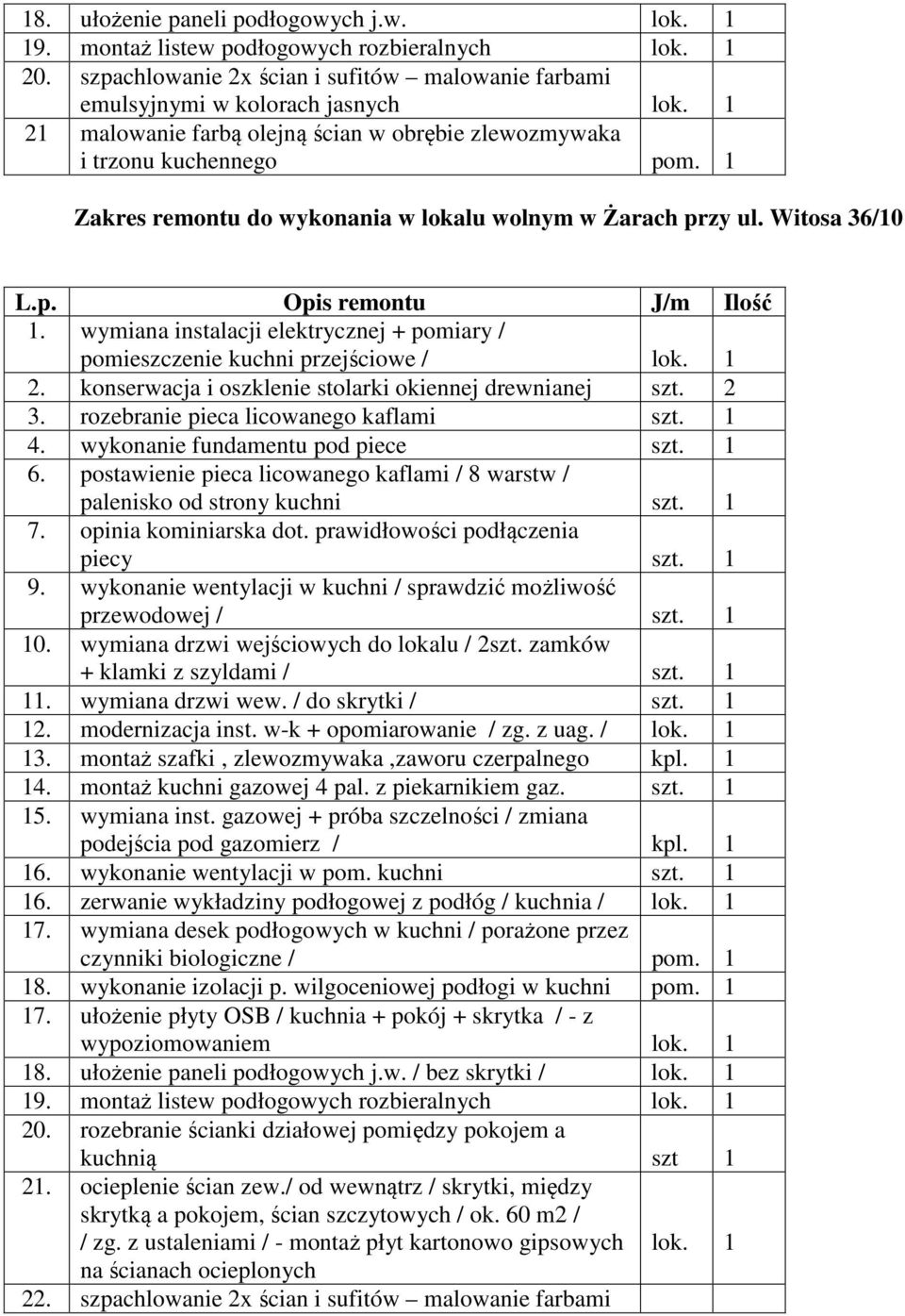 wymiana instalacji elektrycznej + pomiary / pomieszczenie kuchni przejściowe / lok. 1 2. konserwacja i oszklenie stolarki okiennej drewnianej szt. 2 3. rozebranie pieca licowanego kaflami szt. 1 4.