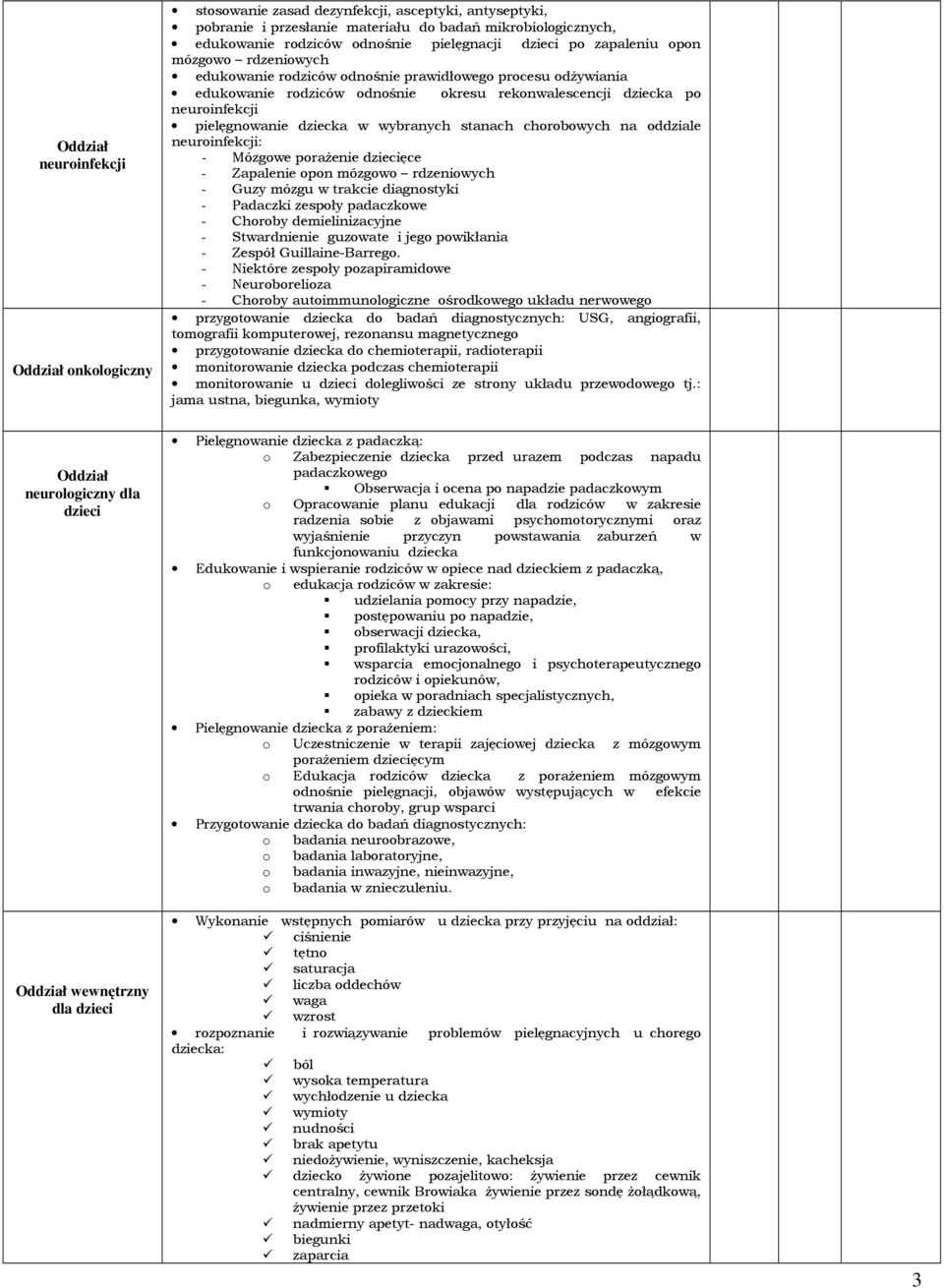 dziecka w wybranych stanach chorobowych na oddziale neuroinfekcji: - Mózgowe porażenie dziecięce - Zapalenie opon mózgowo rdzeniowych - Guzy mózgu w trakcie diagnostyki - Padaczki zespoły padaczkowe