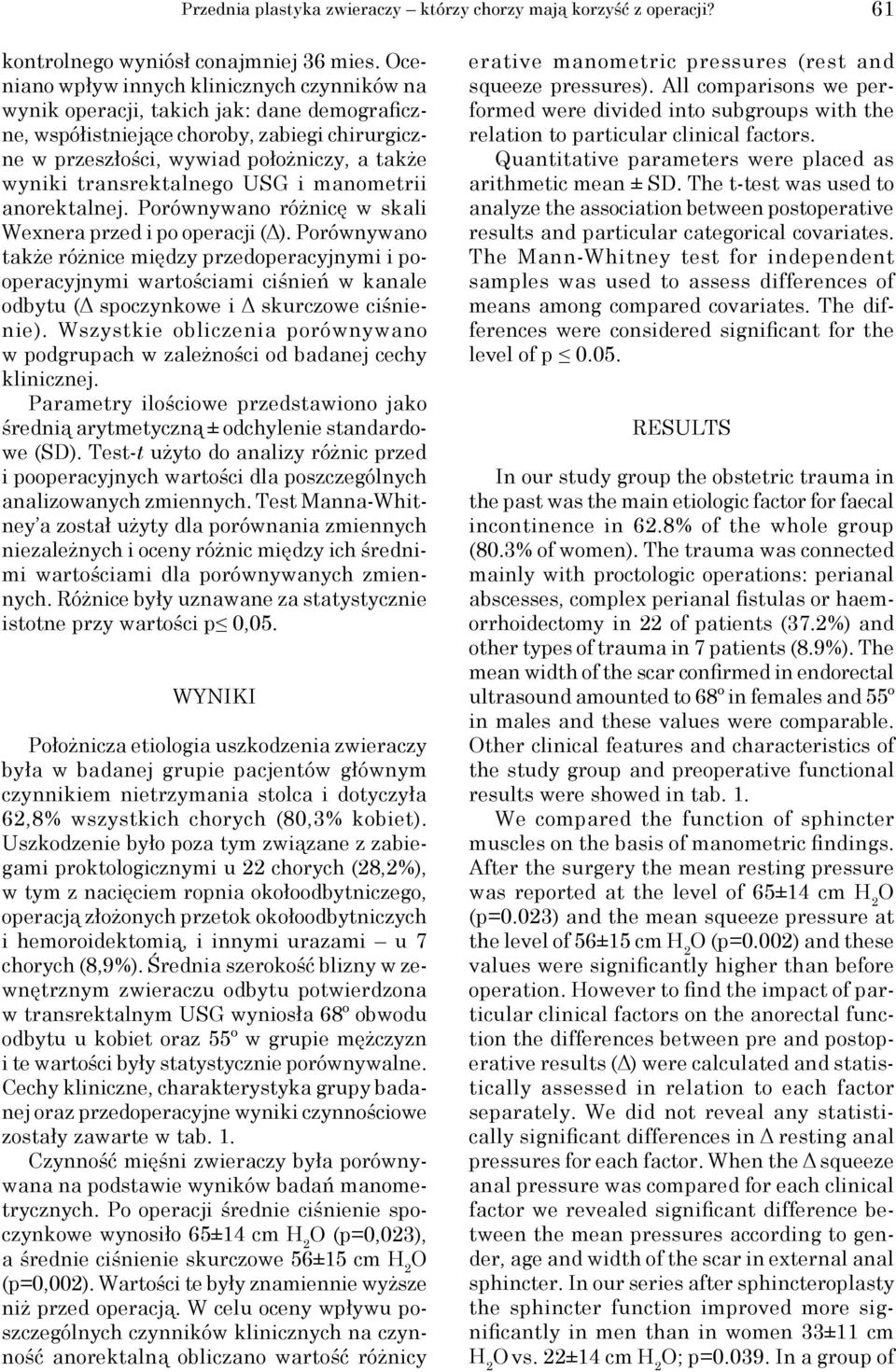 transrektalnego USG i manometrii anorektalnej. Porównywano różnicę w skali Wexnera przed i po operacji (Δ).