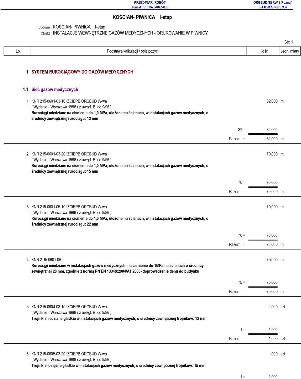 rurociągu: 12 mm 32 = 32,000 32,000 m 2 KNR 215-0601-03-20 IZOiEPB ORGBUD W-wa 70,000 m Rurociągi miedziane na ciśnienie do 1,0 MPa, ułoŝone na ścianach, w instalacjach gazów medycznych, o średnicy