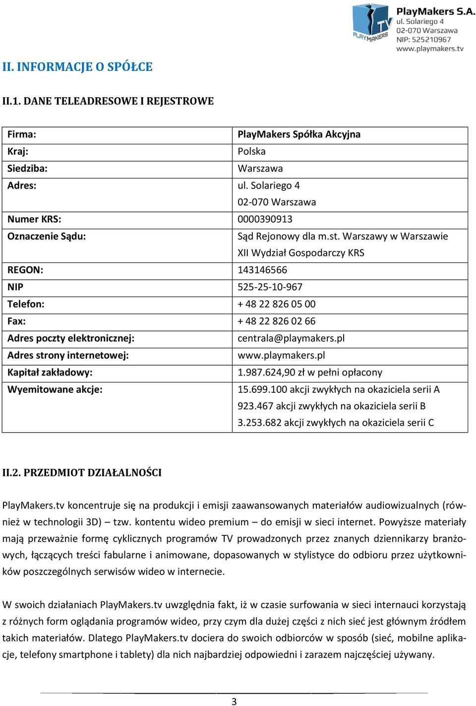 Warszawy w Warszawie XII Wydział Gospodarczy KRS REGON: 143146566 NIP 525-25-10-967 Telefon: + 48 22 826 05 00 Fax: + 48 22 826 02 66 Adres poczty elektronicznej: centrala@playmakers.