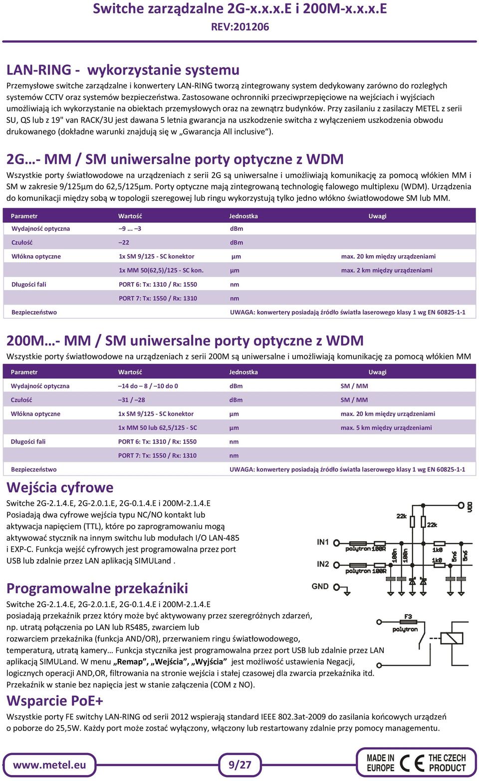 Przy zasilaniu z zasilaczy METEL z serii SU, QS lub z 19" van RACK/3U jest dawana 5 letnia gwarancja na uszkodzenie switcha z wyłączeniem uszkodzenia obwodu drukowanego (dokładne warunki znajdują się