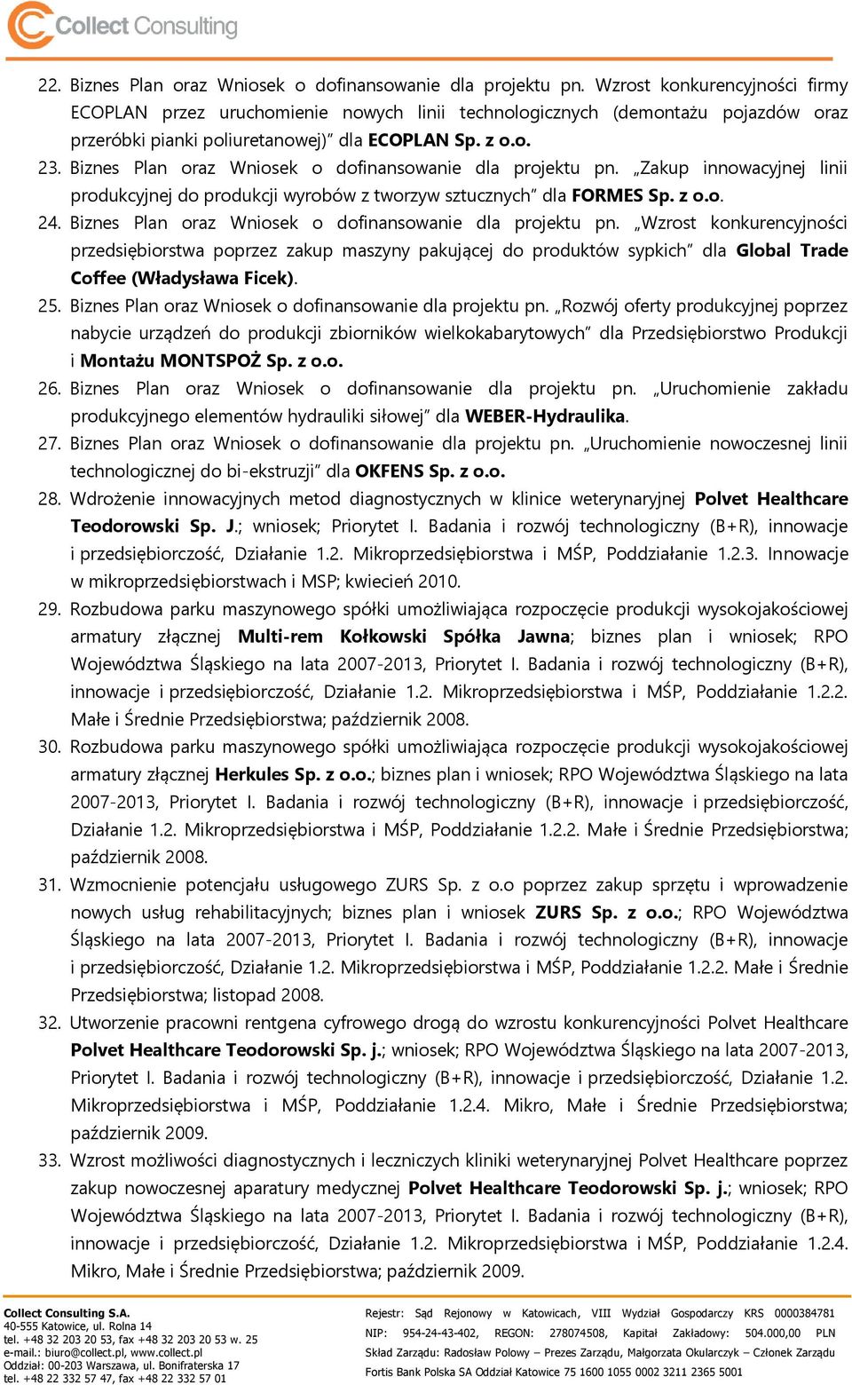 Biznes Plan oraz Wniosek o dofinansowanie dla projektu pn. Zakup innowacyjnej linii produkcyjnej do produkcji wyrobów z tworzyw sztucznych dla FORMES Sp. z o.o. 24.