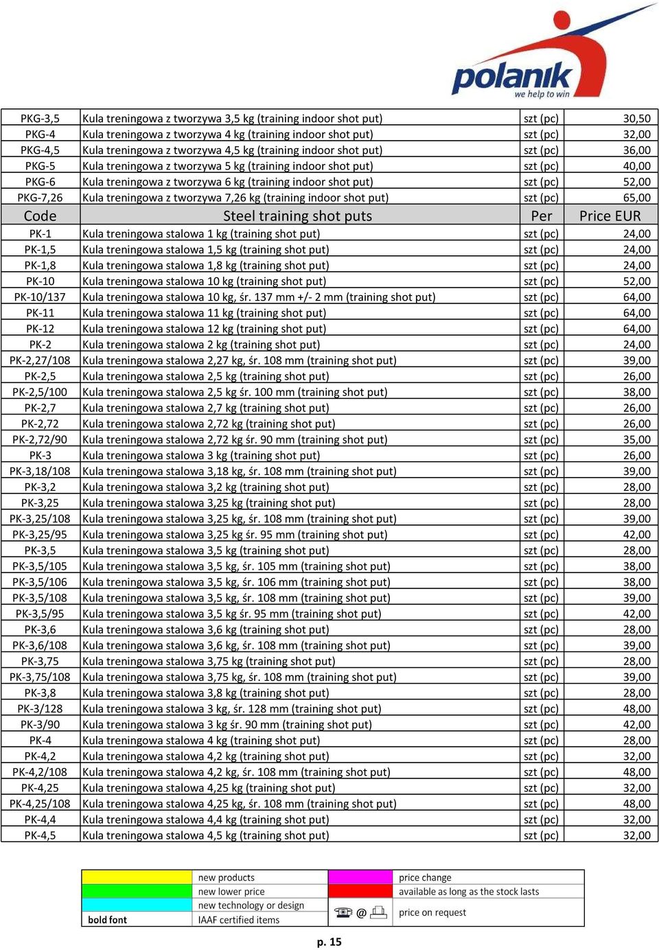 (pc) 52,00 PKG-7,26 Kula treningowa z tworzywa 7,26 kg (training indoor shot put) szt (pc) 65,00 Code Steel training shot puts Per Price EUR PK-1 Kula treningowa stalowa 1 kg (training shot put) szt