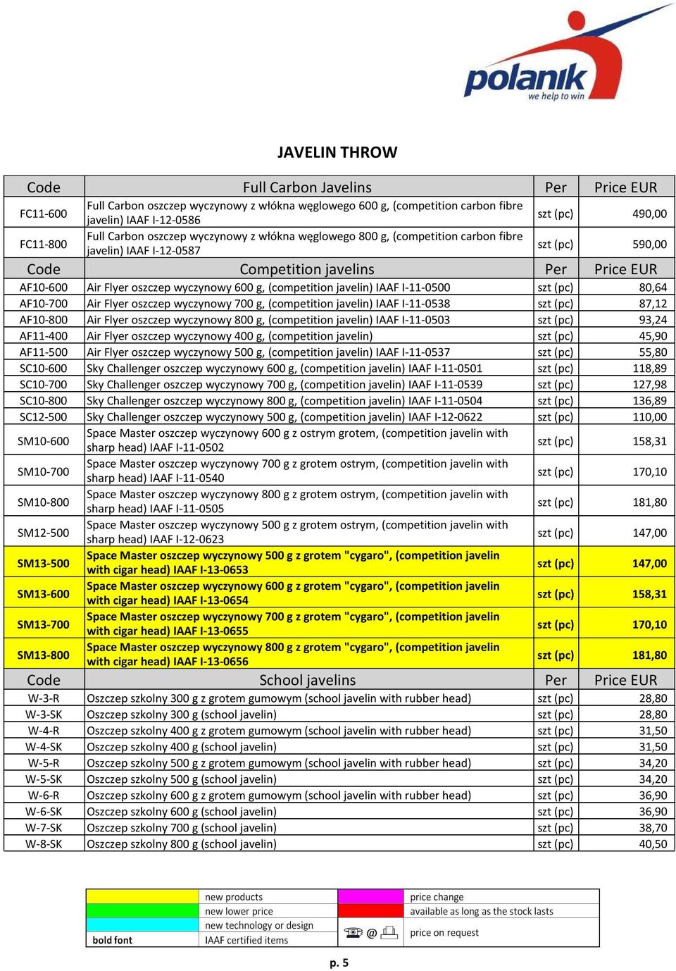 g, (competition javelin) IAAF I-11-0500 szt (pc) 80,64 AF10-700 Air Flyer oszczep wyczynowy 700 g, (competition javelin) IAAF I-11-0538 szt (pc) 87,12 AF10-800 Air Flyer oszczep wyczynowy 800 g,