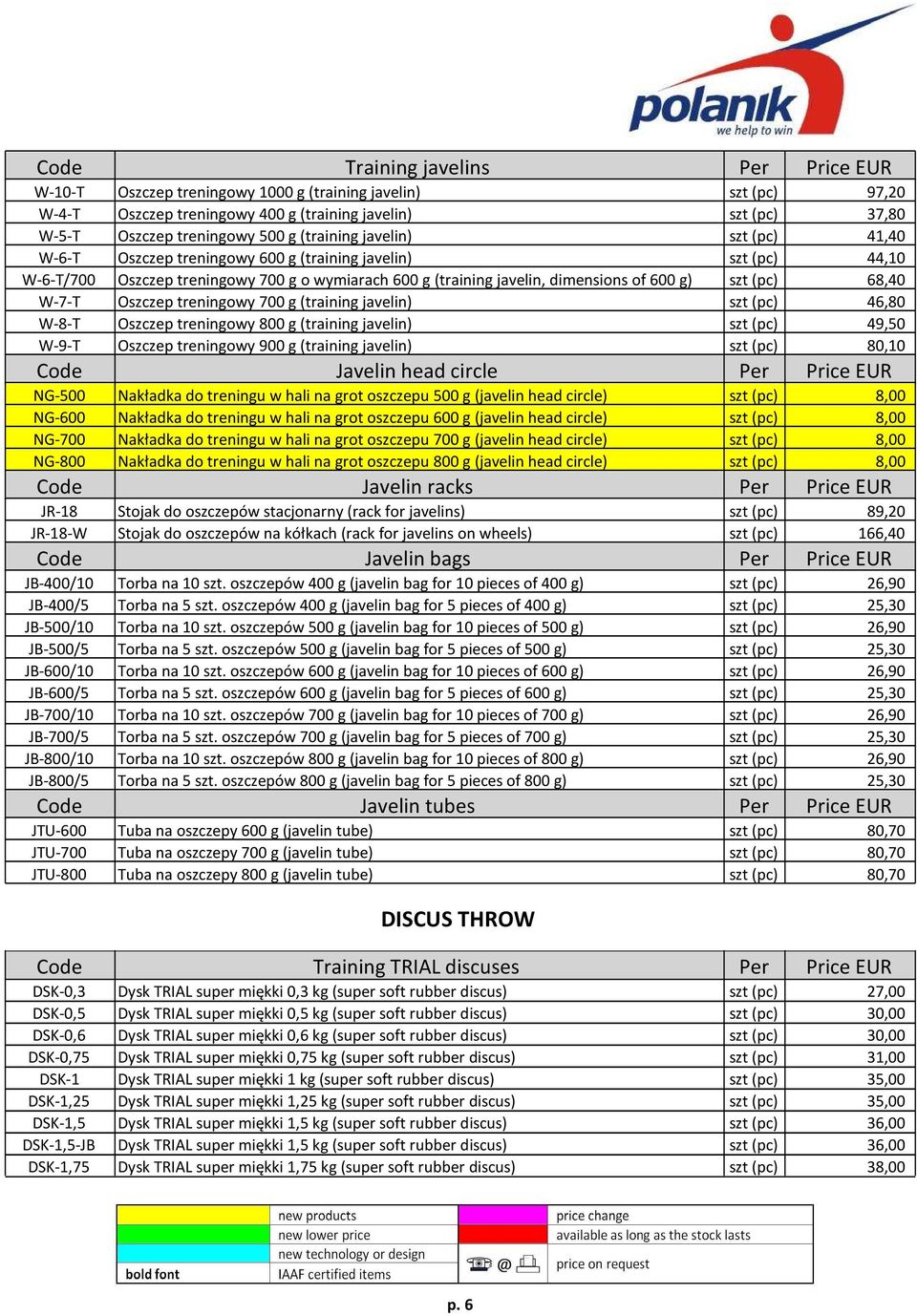 (pc) 68,40 W-7-T Oszczep treningowy 700 g (training javelin) szt (pc) 46,80 W-8-T Oszczep treningowy 800 g (training javelin) szt (pc) 49,50 W-9-T Oszczep treningowy 900 g (training javelin) szt (pc)