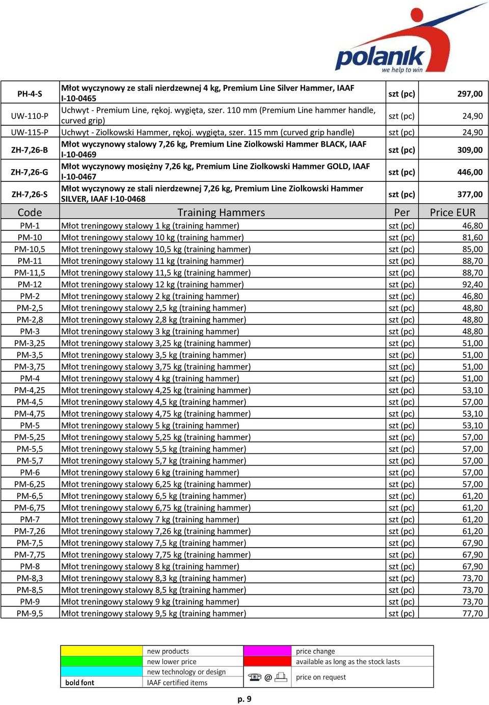 115 mm (curved grip handle) szt (pc) 24,90 ZH-7,26-B Młot wyczynowy stalowy 7,26 kg, Premium Line Ziolkowski Hammer BLACK, IAAF I-10-0469 szt (pc) 309,00 ZH-7,26-G Młot wyczynowy mosiężny 7,26 kg,