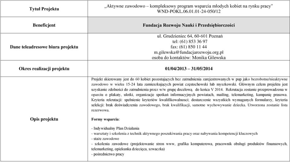 pl osoba do kontaktów: Monika Gilewska Okres realizacji projektu 01/04/2013 31/05/2014 Projekt skierowany jest do 60 kobiet pozostających bez zatrudnienia zarejestrowanych w pup jako