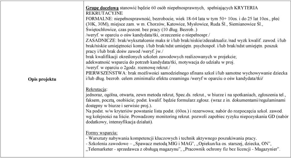 w oparciu o ośw kandydata/tki, orzeczenie o niepełnospr./ ZASADNICZE: brak/wykształcenie maks śr i/lub brak/niskie/zdezaktualiz./nad wyżk kwalif. zawod. i/lub brak/niskie umiejętności komp.