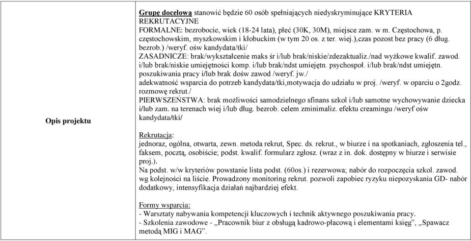 ośw kandydata/tki/ ZASADNICZE: brak/wykształcenie maks śr i/lub brak/niskie/zdezaktualiz./nad wyżkowe kwalif. zawod. i/lub brak/niskie umiejętności komp. i/lub brak/ndst umiejętn. psychospoł.