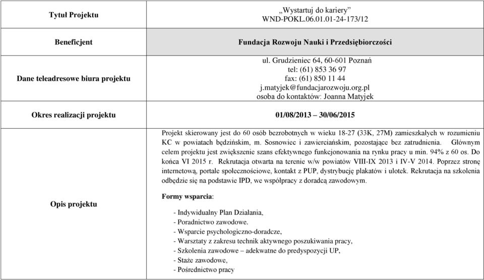 powiatach będzińskim, m. Sosnowiec i zawierciańskim, pozostające bez zatrudnienia. Głównym celem projektu jest zwiększenie szans efektywnego funkcjonowania na rynku pracy u min. 94% z 60 os.