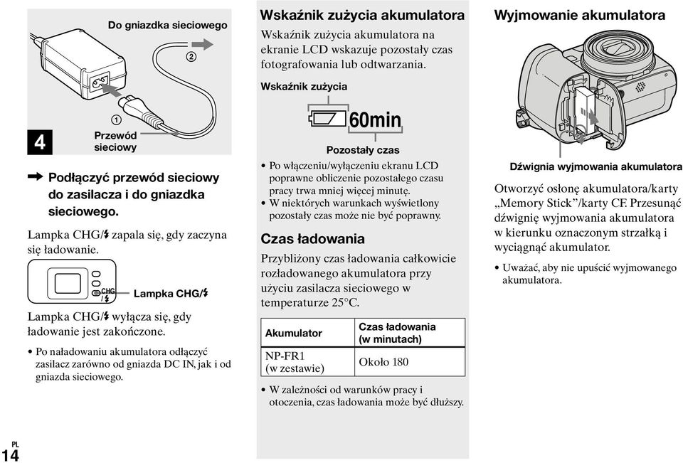 Wskaźnik zużycia akumulatora Wskaźnik zużycia akumulatora na ekranie LCD wskazuje pozostały czas fotografowania lub odtwarzania.