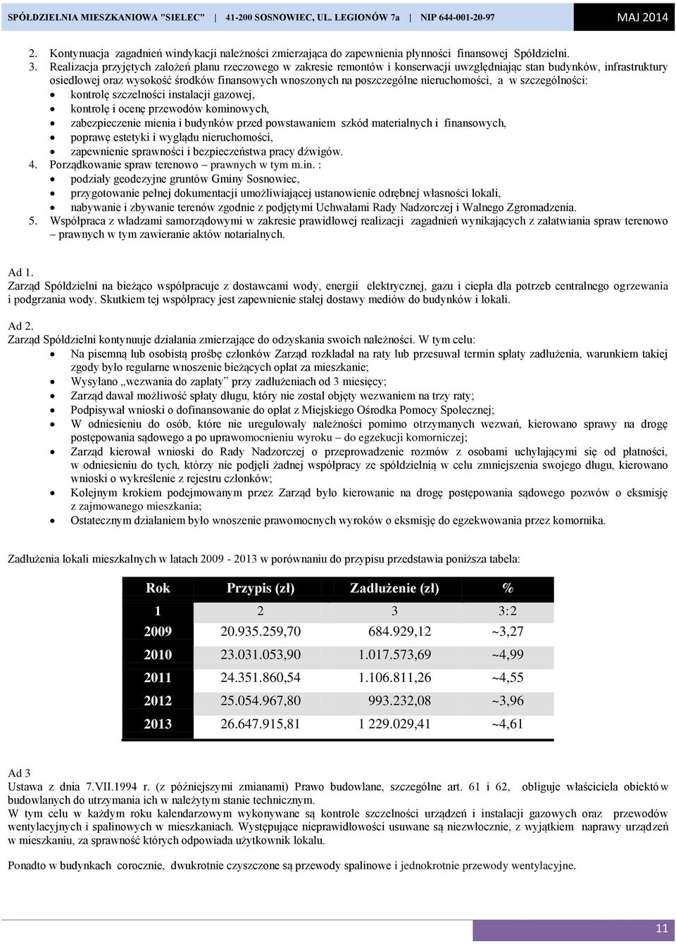 Realizacja przyjętych założeń planu rzeczowego w zakresie remontów i konserwacji uwzględniając stan budynków, infrastruktury osiedlowej oraz wysokość środków finansowych wnoszonych na poszczególne