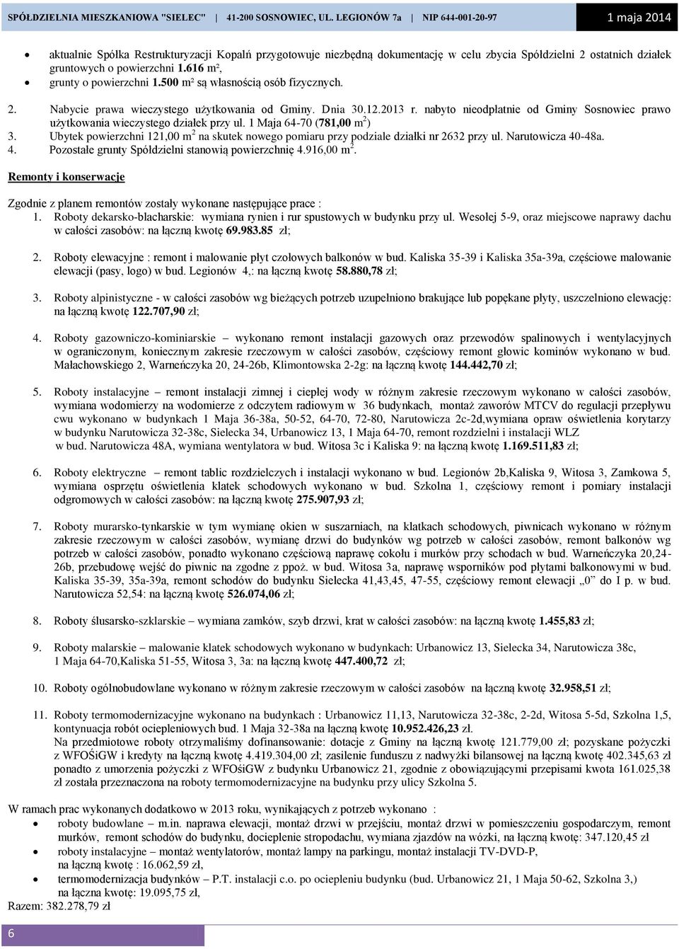 616 m², grunty o powierzchni 1.500 m² są własnością osób fizycznych. 2. Nabycie prawa wieczystego użytkowania od Gminy. Dnia 30.12.2013 r.