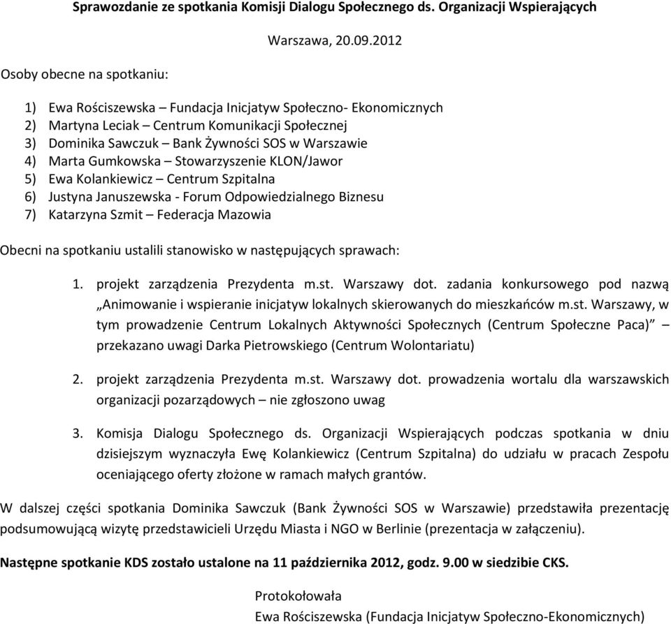 Stowarzyszenie KLON/Jawor 5) Ewa Kolankiewicz Centrum Szpitalna 6) Justyna Januszewska - Forum Odpowiedzialnego Biznesu 7) Katarzyna Szmit Federacja Mazowia Obecni na spotkaniu ustalili stanowisko w