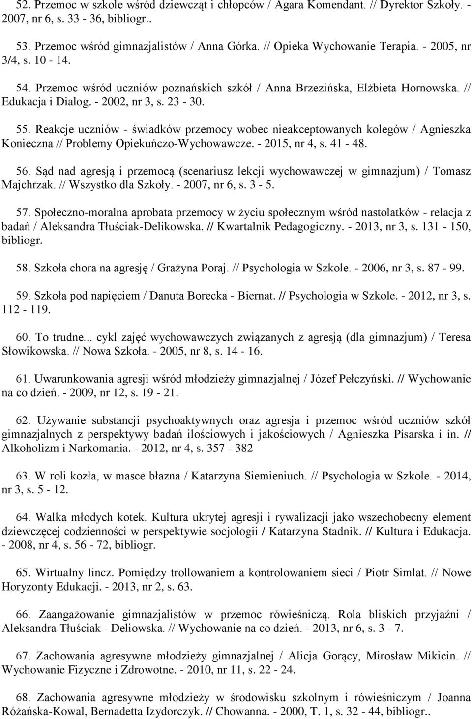 Reakcje uczniów - świadków przemocy wobec nieakceptowanych kolegów / Agnieszka Konieczna // Problemy Opiekuńczo-Wychowawcze. - 2015, nr 4, s. 41-48. 56.