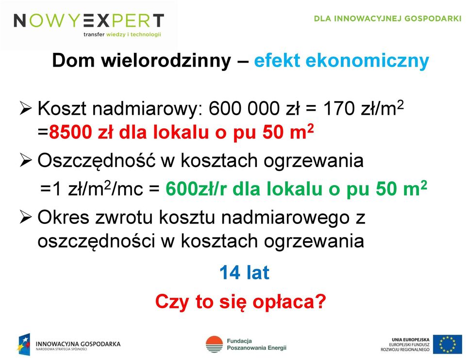 ogrzewania =1 zł/m 2 /mc = 600zł/r dla lokalu o pu 50 m 2 Okres zwrotu