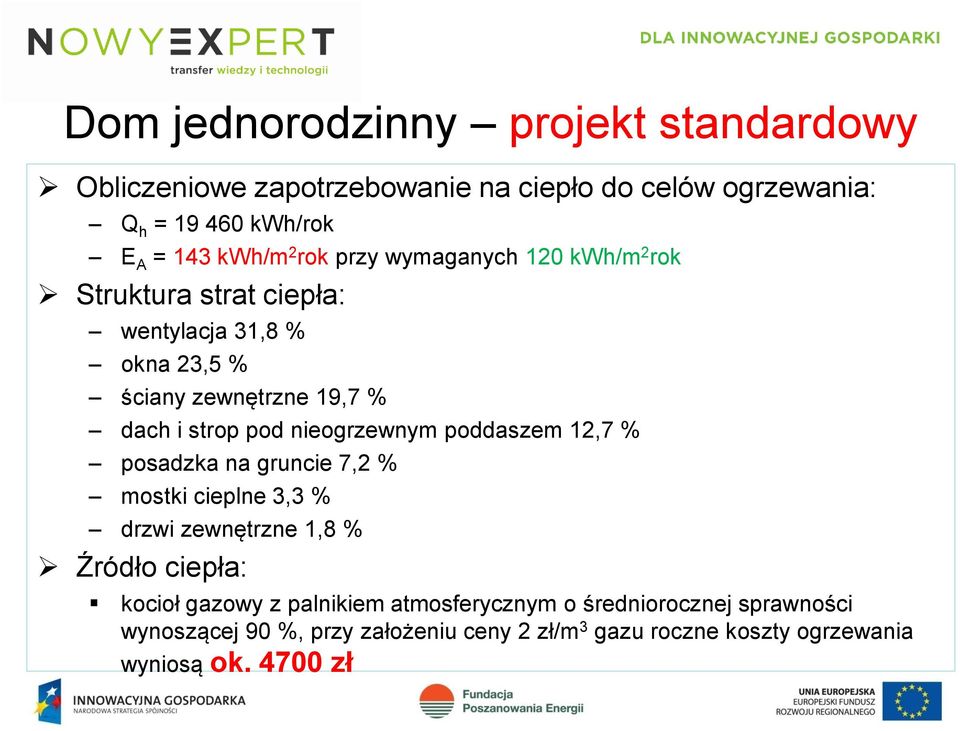 nieogrzewnym poddaszem 12,7 % posadzka na gruncie 7,2 % mostki cieplne 3,3 % drzwi zewnętrzne 1,8 % Źródło ciepła: kocioł gazowy z