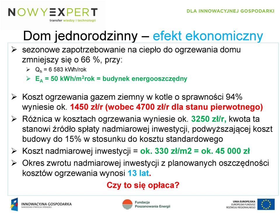 1450 zł/r (wobec 4700 zł/r dla stanu pierwotnego) Różnica w kosztach ogrzewania wyniesie ok.