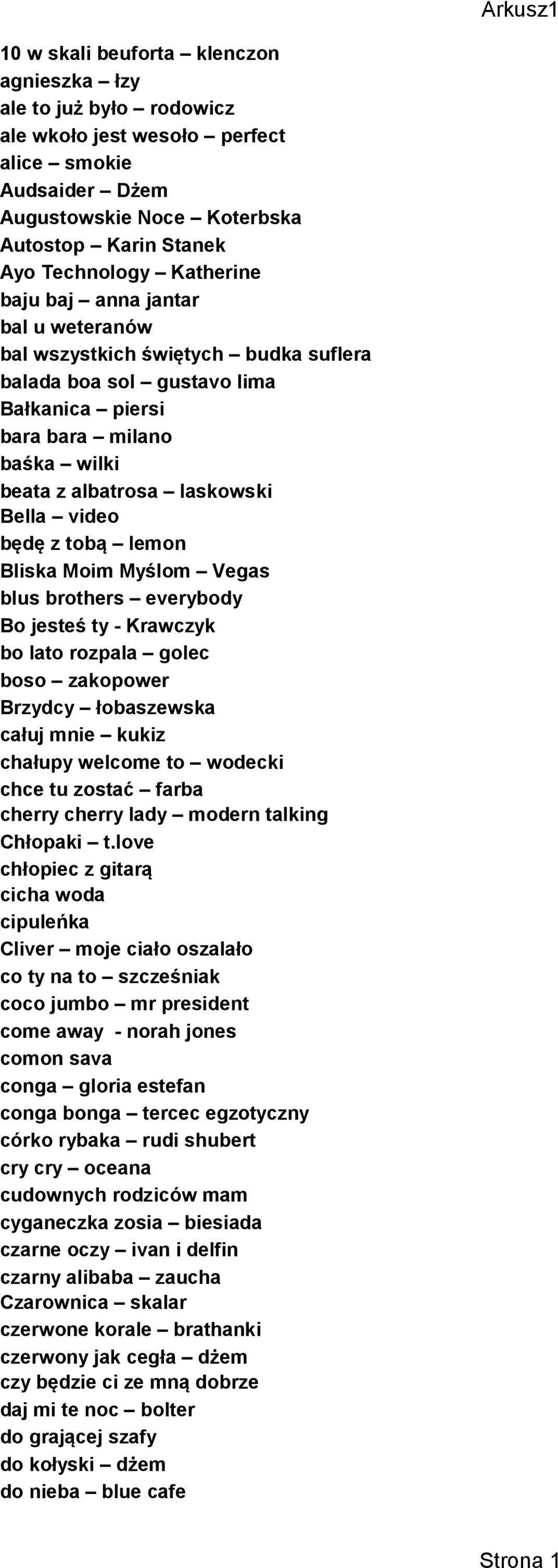 będę z tobą lemon Bliska Moim Myślom Vegas blus brothers everybody Bo jesteś ty - Krawczyk bo lato rozpala golec boso zakopower Brzydcy łobaszewska całuj mnie kukiz chałupy welcome to wodecki chce tu