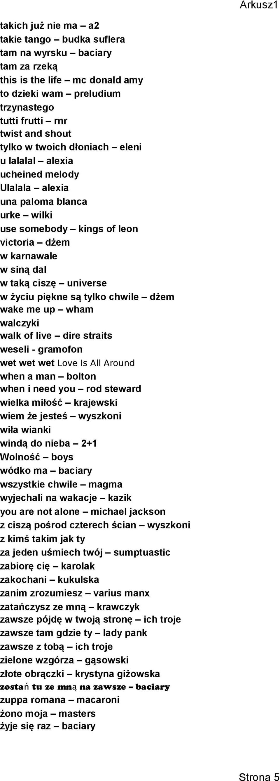 tylko chwile dżem wake me up wham walczyki walk of live dire straits weseli - gramofon wet wet wet Love Is All Around when a man bolton when i need you rod steward wielka miłość krajewski wiem że