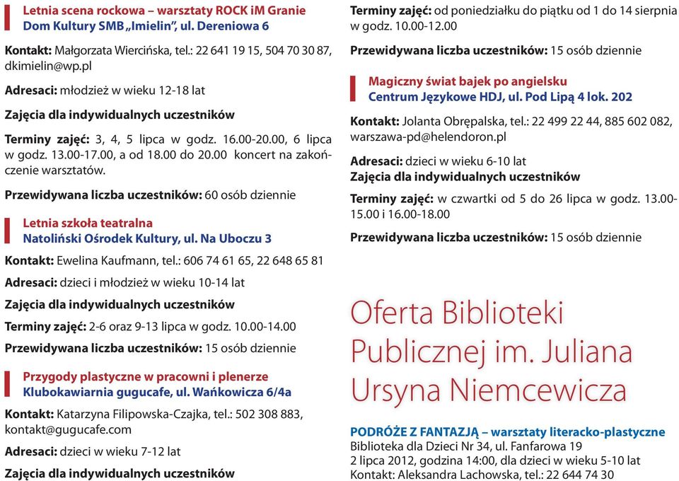 00 koncert na zakończenie warsztatów. Przewidywana liczba uczestników: 60 osób dziennie Letnia szkoła teatralna Natoliński Ośrodek Kultury, ul. Na Uboczu 3 Kontakt: Ewelina Kaufmann, tel.