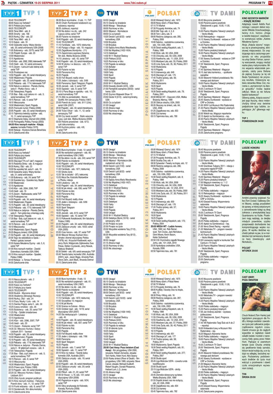 20; serial animowany USA (2008) 11:05 Bulionerzy - odc. 23/75; 11:35 Projekt: Europa - odc. 20 12:00 Wiadomości 12:10 Agrobiznes 12:45 Klan - odc. 2092, 2093; telenowela TVP 13:45 Heidi - odc.