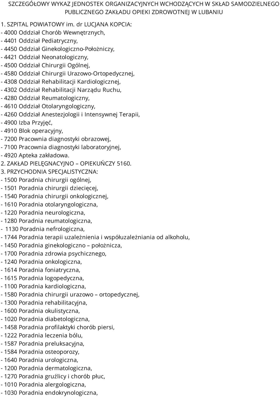 Oddział Chirurgii Urazowo-Ortopedycznej, - 4308 Oddział Rehabilitacji Kardiologicznej, - 4302 Oddział Rehabilitacji Narządu Ruchu, - 4280 Oddział Reumatologiczny, - 4610 Oddział Otolaryngologiczny, -