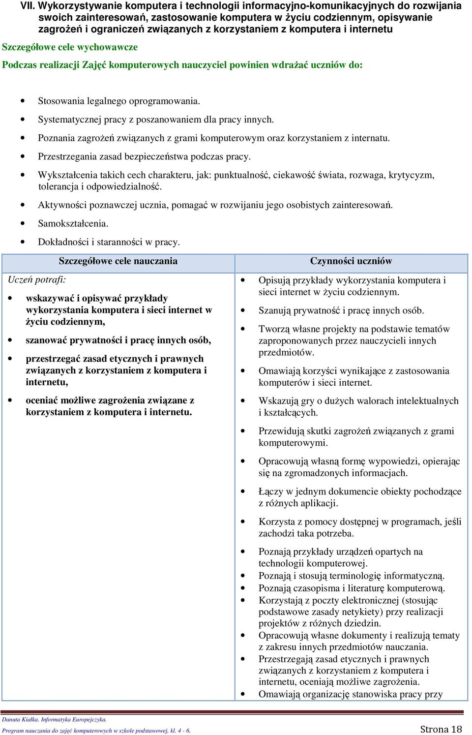 Systematycznej pracy z pszanwaniem dla pracy innych. Pznania zagrżeń związanych z grami kmputerwym raz krzystaniem z internatu. Przestrzegania zasad bezpieczeństwa pdczas pracy.