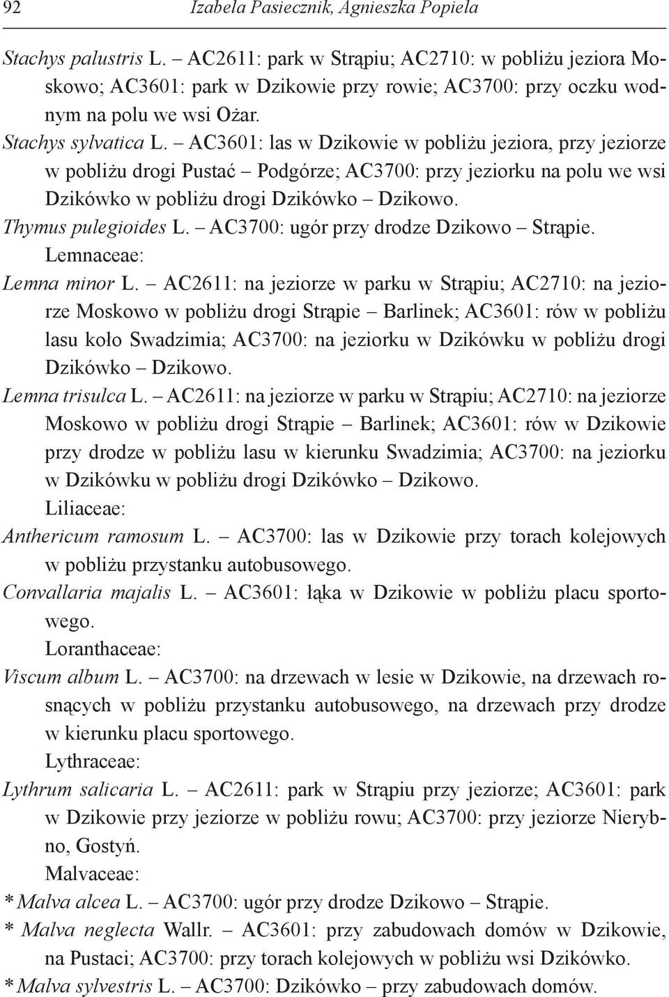 AC3601: las w Dzikowie w pobliżu jeziora, przy jeziorze w pobliżu drogi Pustać Podgórze; AC3700: przy jeziorku na polu we wsi Dzikówko w pobliżu drogi Dzikówko Dzikowo. Thymus pulegioides L.