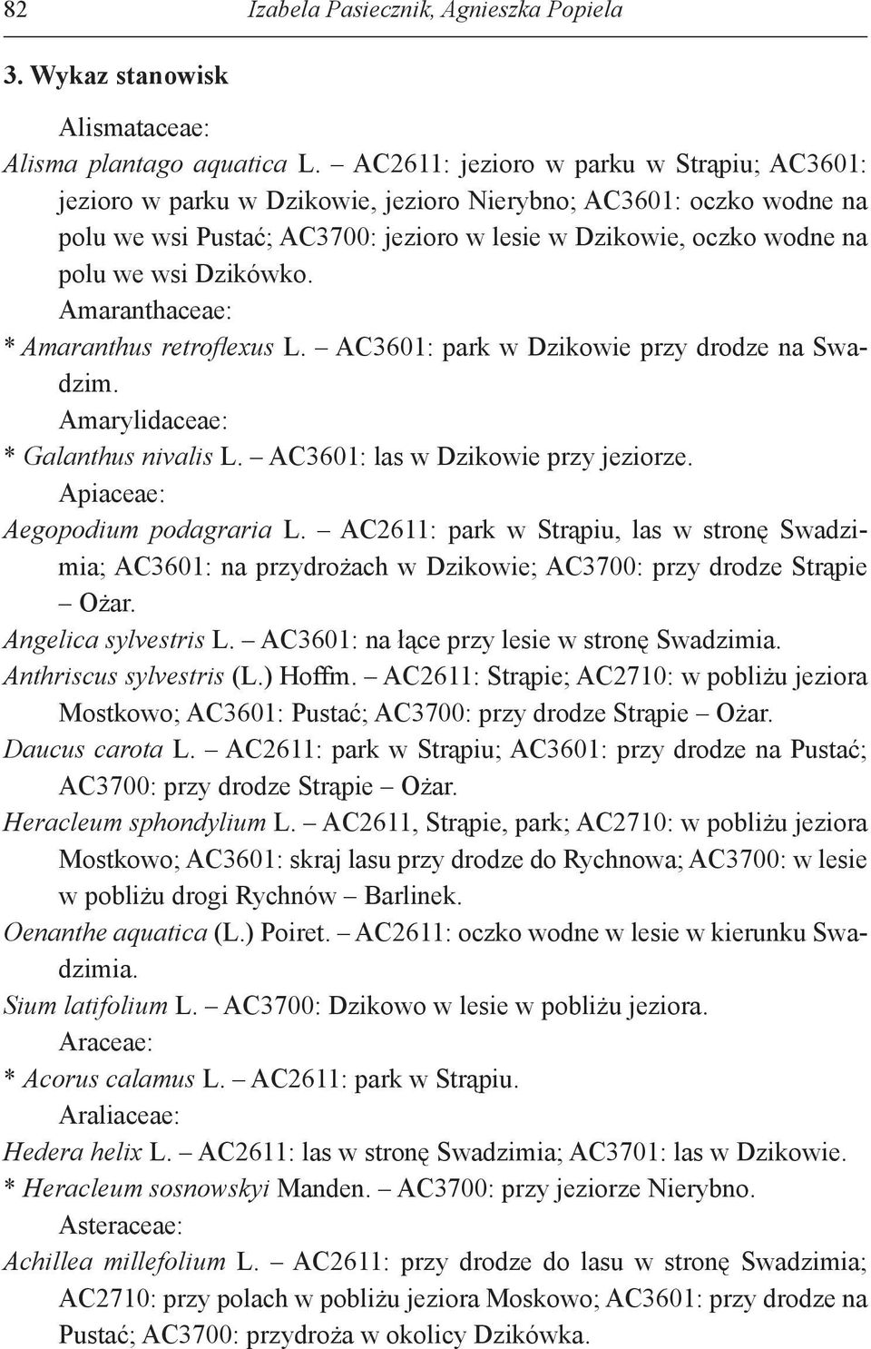 Dzikówko. Amaranthaceae: * Amaranthus retrofl exus L. AC3601: park w Dzikowie przy drodze na Swadzim. Amarylidaceae: * Galanthus nivalis L. AC3601: las w Dzikowie przy jeziorze.