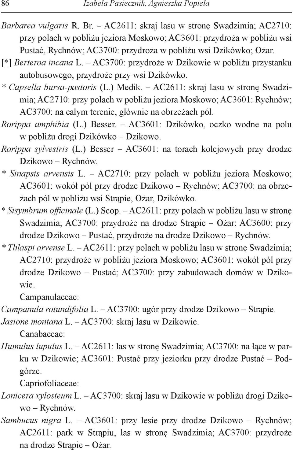 [*] Berteroa incana L. AC3700: przydroże w Dzikowie w pobliżu przystanku autobusowego, przydroże przy wsi Dzikówko. * Capsella bursa-pastoris (L.) Medik.