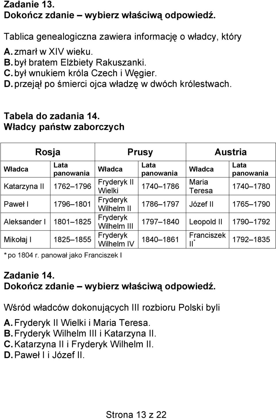 Władcy państw zaborczych Władca Rosja Prusy Austria Lata panowania Katarzyna II 1762 1796 Paweł I 1796 1801 Aleksander I 1801 1825 Mikołaj I 1825 1855 Władca Fryderyk II Wielki Fryderyk Wilhelm II