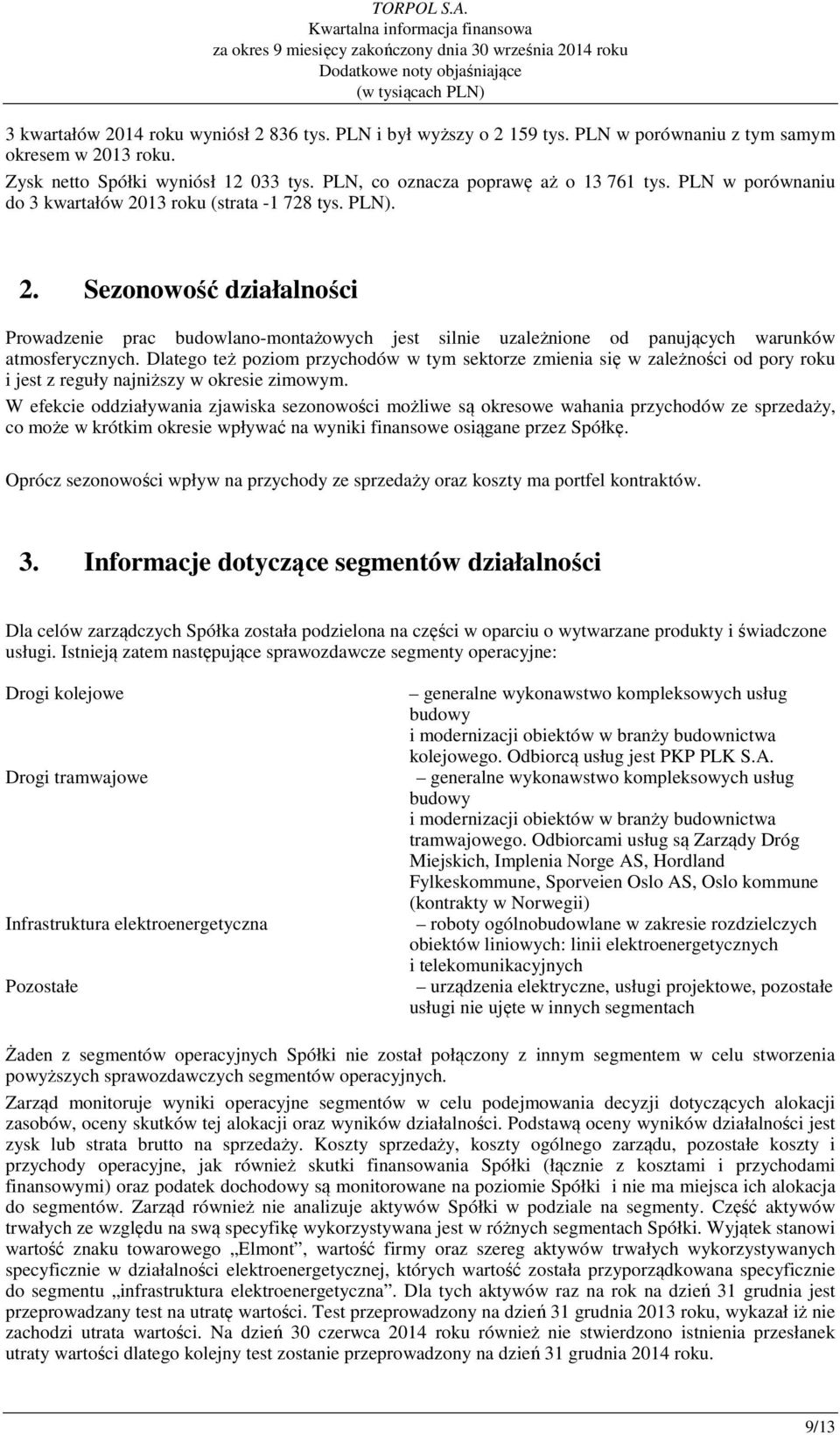 13 roku (strata -1 728 tys. PLN). 2. Sezonowość działalności Prowadzenie prac budowlano-montażowych jest silnie uzależnione od panujących warunków atmosferycznych.