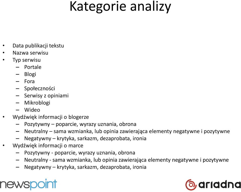 negatywne i pozytywne Negatywny krytyka, sarkazm, dezaprobata, ironia Wydźwięk informacji o marce Pozytywny - poparcie, wyrazy