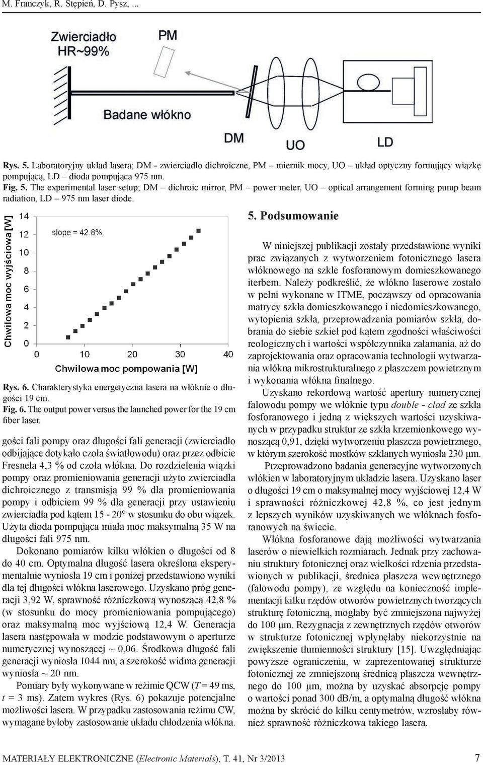 gości fali pompy oraz długości fali generacji (zwierciadło odbijające dotykało czoła światłowodu) oraz przez odbicie Fresnela 43 % od czoła włókna.