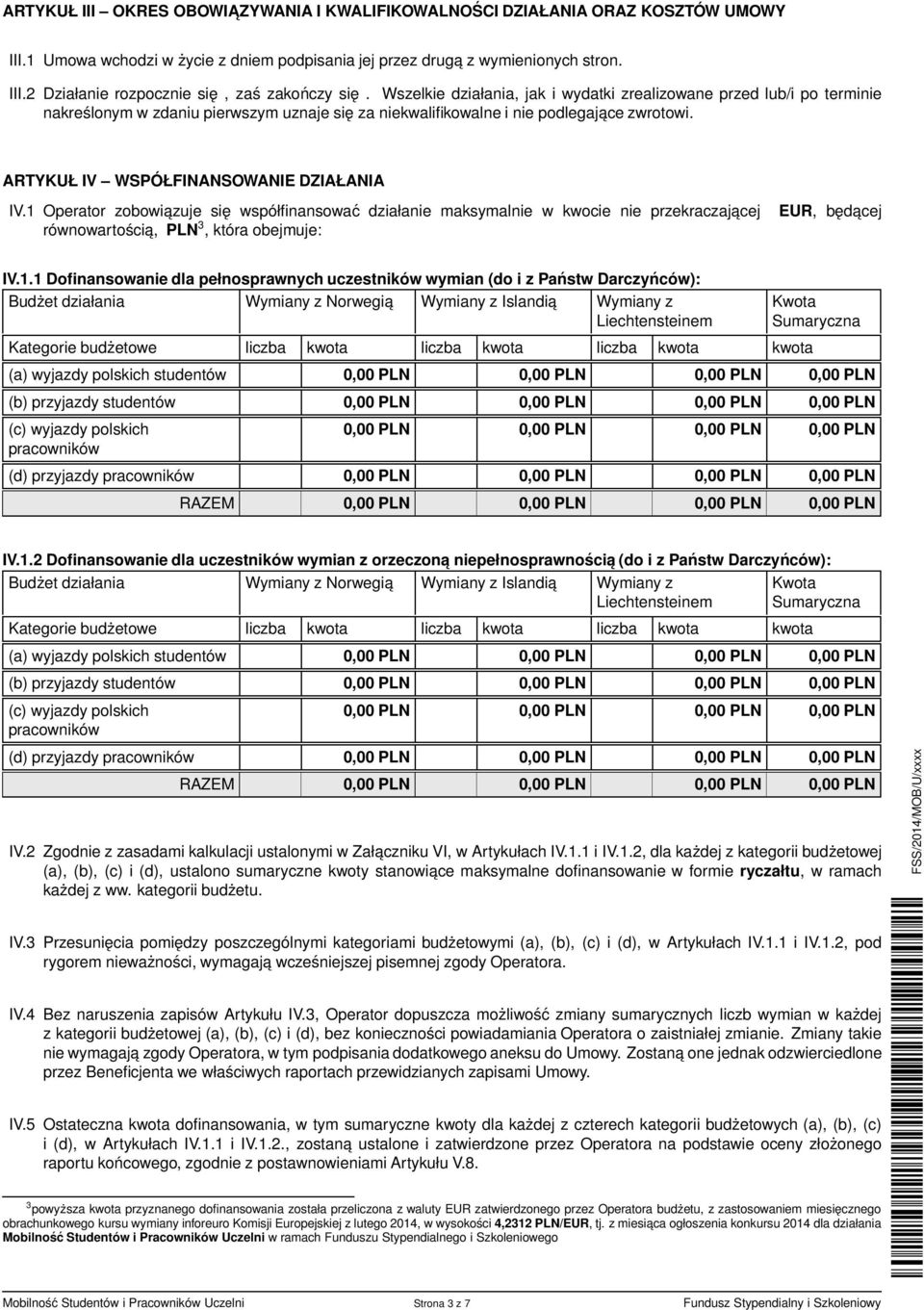 ARTYKUŁ IV WSPÓŁFINANSOWANIE DZIAŁANIA IV.1 