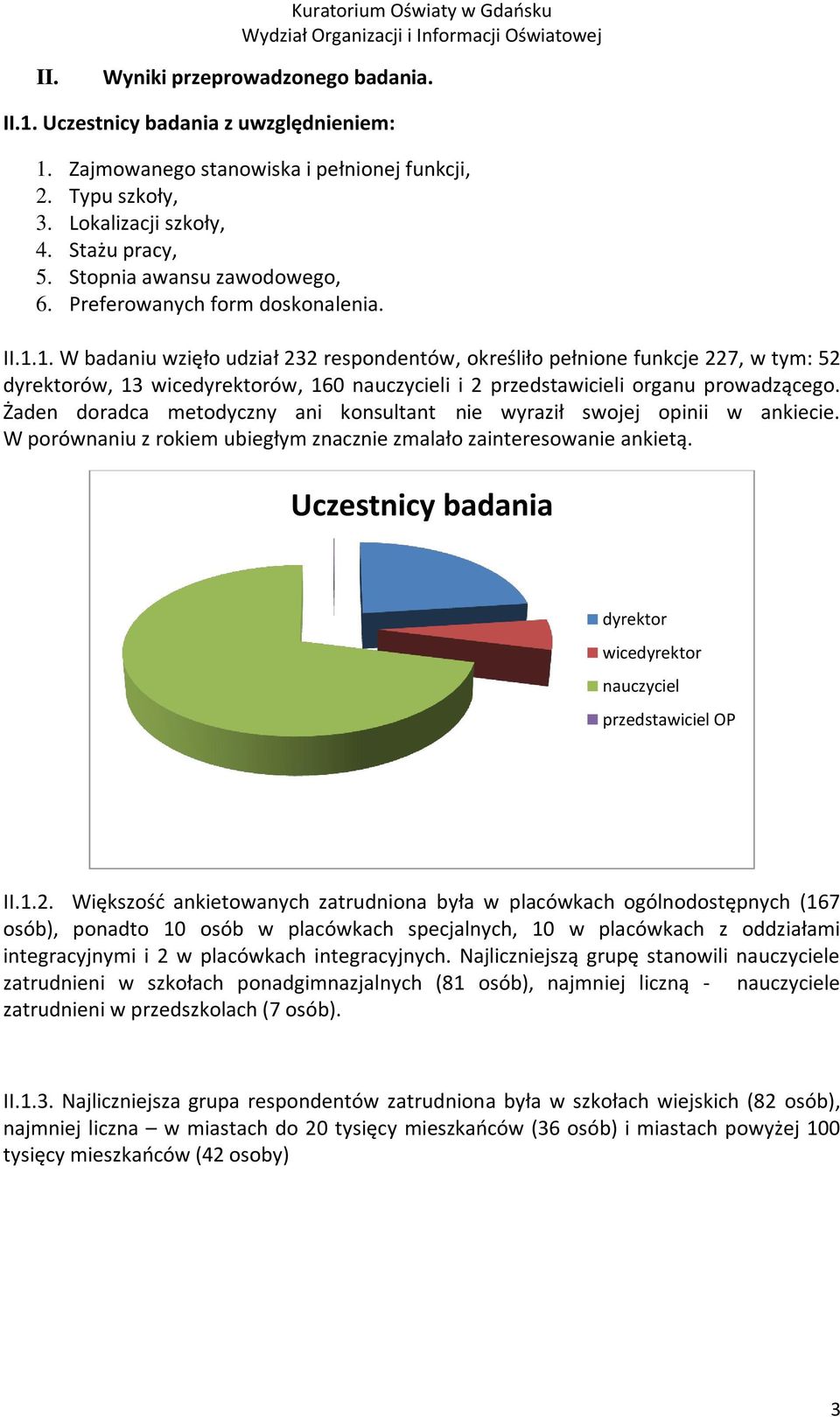 1. W badaniu wzięło udział 232 respondentów, określiło pełnione funkcje 227, w tym: 52 dyrektorów, 13 wicedyrektorów, 160 nauczycieli i 2 przedstawicieli organu prowadzącego.