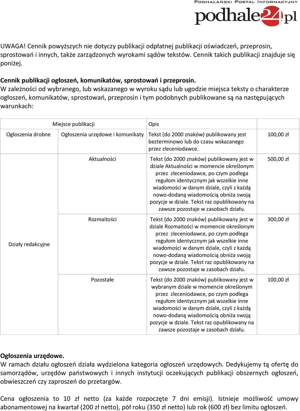 W zależności od wybranego, lub wskazanego w wyroku sądu lub ugodzie miejsca teksty o charakterze ogłoszeń, komunikatów, sprostowań, przeprosin i tym podobnych publikowane są na następujących
