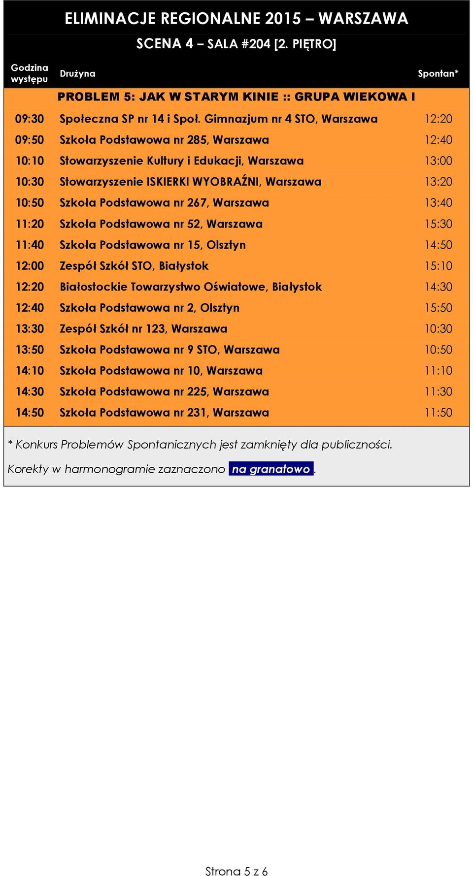 Szkoła Podstawowa nr 267, Warszawa 13:40 11:20 Szkoła Podstawowa nr 52, Warszawa 15:30 11:40 Szkoła Podstawowa nr 15, Olsztyn 14:50 12:00 Zespół Szkół STO, Białystok 15:10 12:20 Białostockie