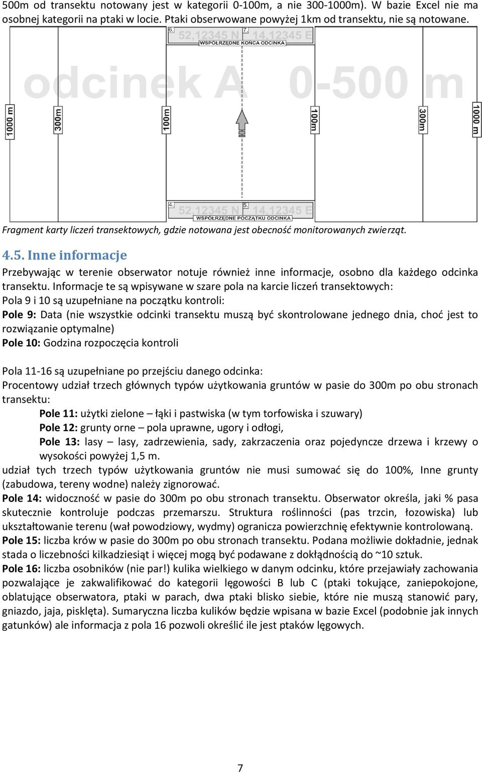 Inne informacje Przebywając w terenie obserwator notuje również inne informacje, osobno dla każdego odcinka transektu.