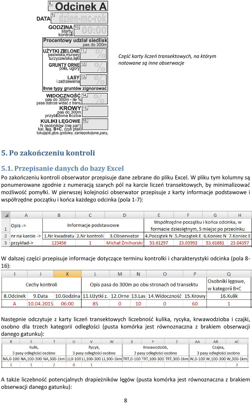 W pliku tym kolumny są ponumerowane zgodnie z numeracją szarych pól na karcie liczeń transektowych, by minimalizować możliwość pomyłki.