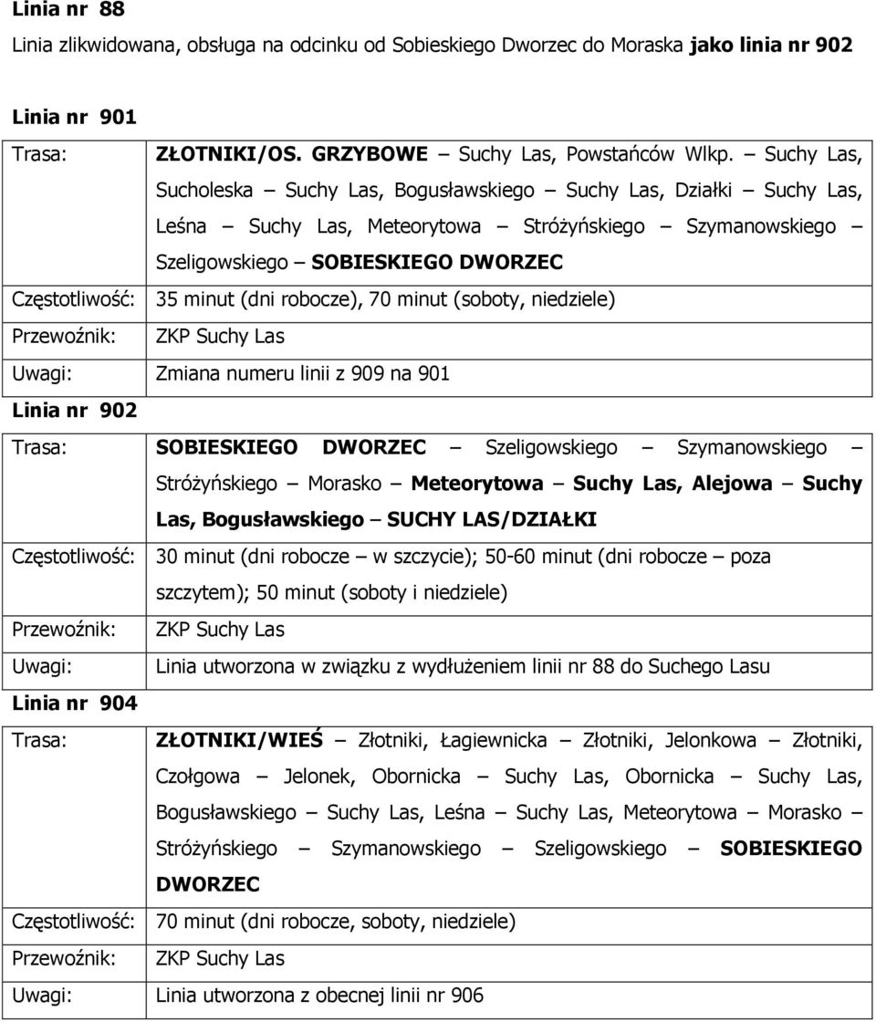 robocze), 70 minut (soboty, niedziele) Uwagi: Zmiana numeru linii z 909 na 901 Linia nr 902 Trasa: SOBIESKIEGO DWORZEC Szeligowskiego Szymanowskiego Stróżyńskiego Morasko Meteorytowa Suchy Las,