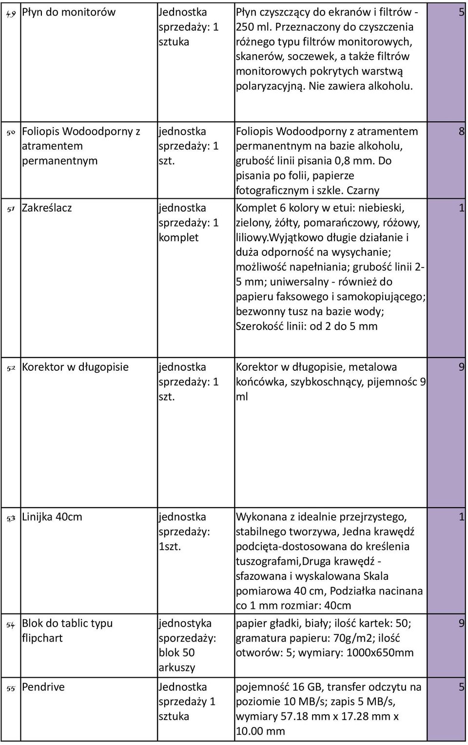 0 Foliopis Wodoodporny z atramentem permanentnym szt. Zakreślacz komplet Foliopis Wodoodporny z atramentem permanentnym na bazie alkoholu, grubość linii pisania 0,8 mm.